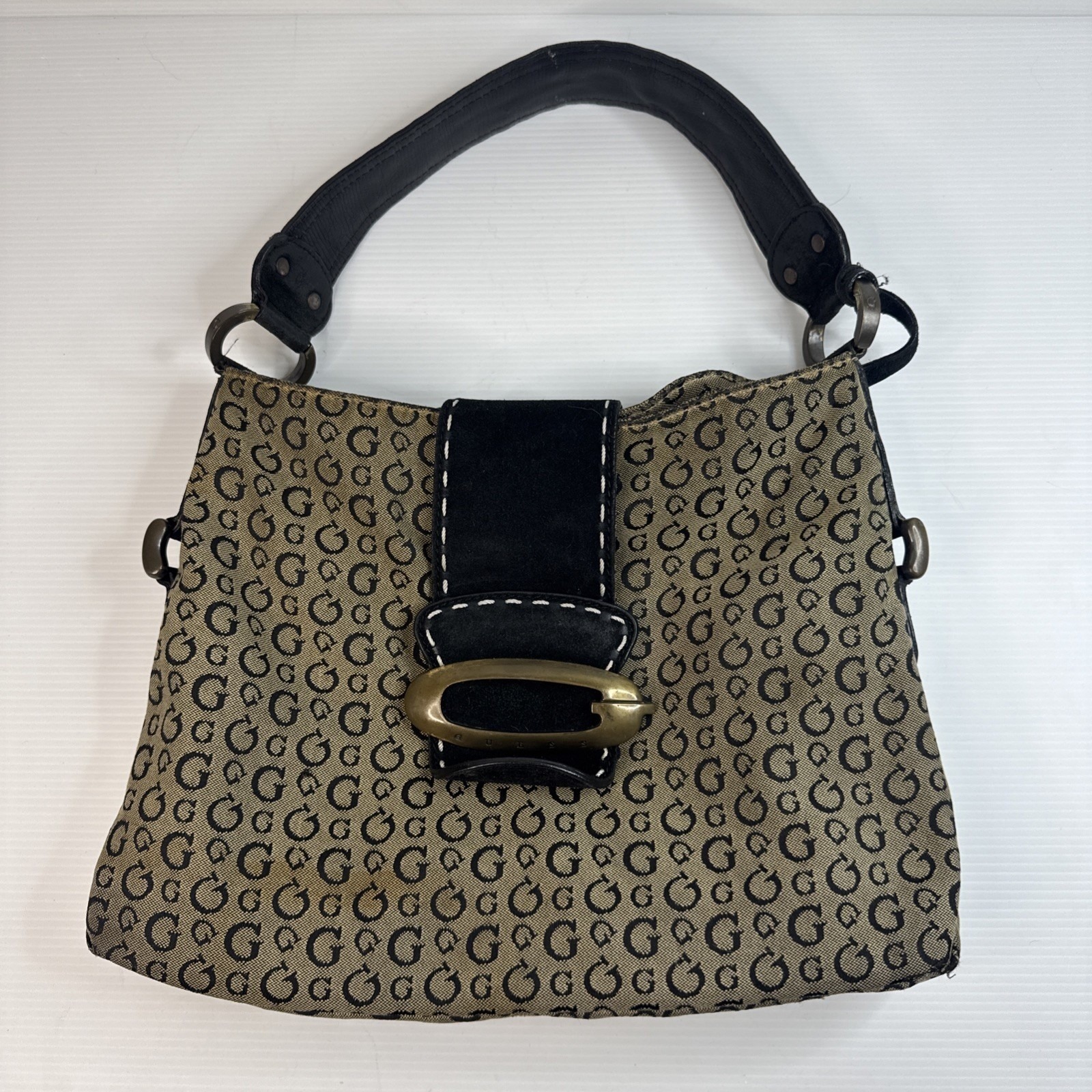Guess Y2k Vintage Monogram Brown Baguette Shoulder Bag Early 2000
